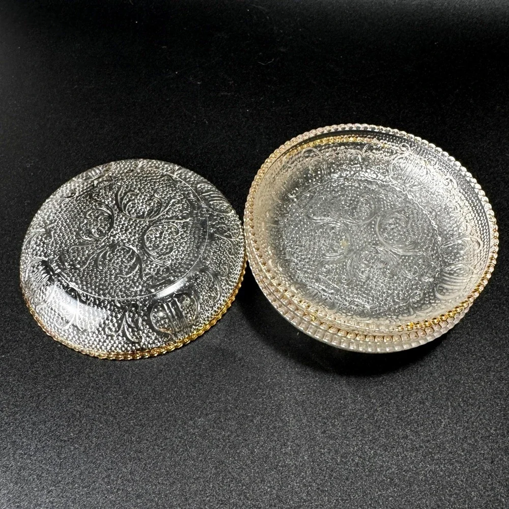 Vintage Jeannette Glass Harp Coasters Butter Pat Condiment 4 Gold Trim 50's MCM